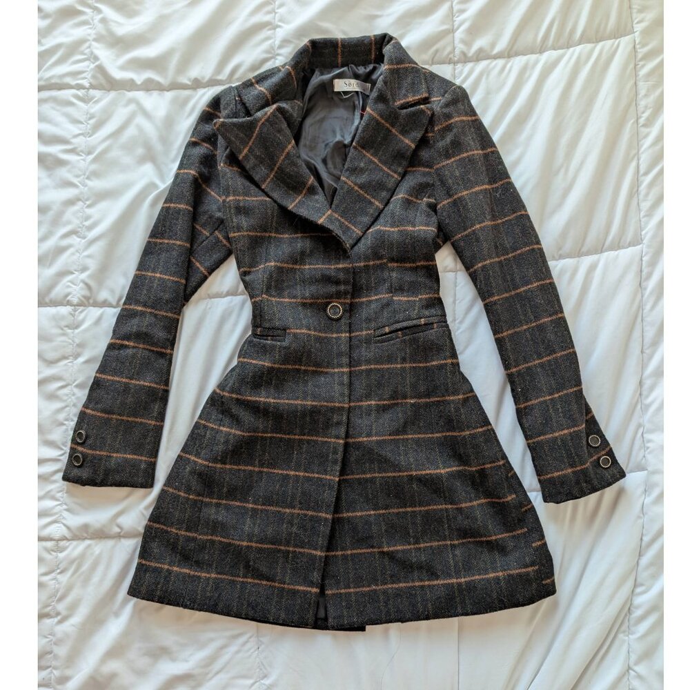 Dark Grey and Orange Plaid Coat with Gold and Black Buttons